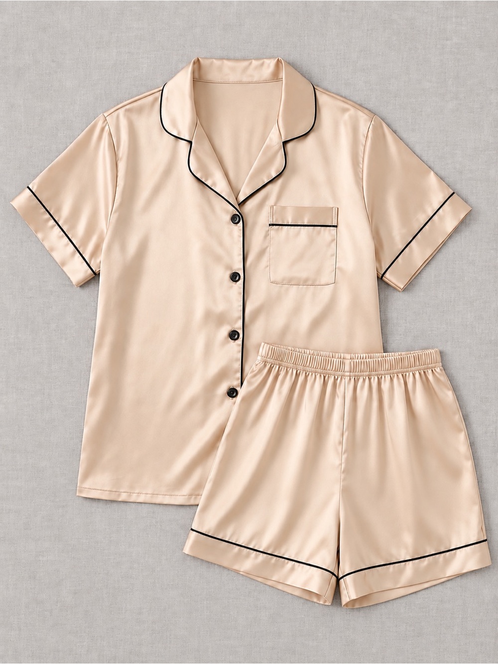 Satin Short Sleeve Pajama Set in Champagne with Black Trim